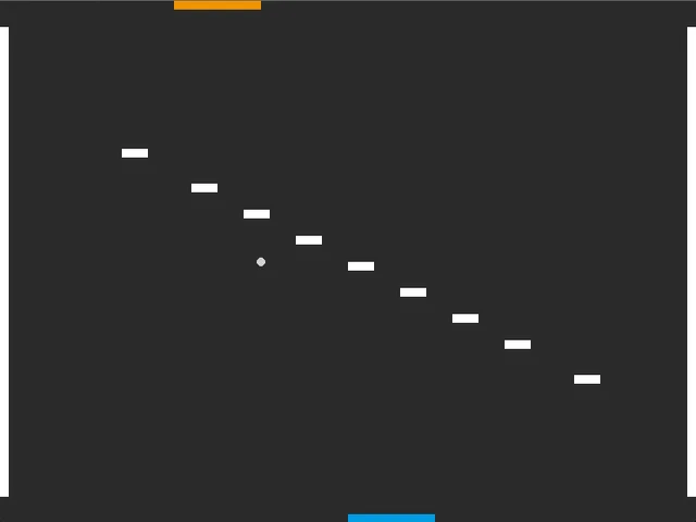 Terrain de jeu sombre : portail orange en haut, portail bleu en bas, balle grise au centre et une diagonale de briques blanches entre deux murs latéraux