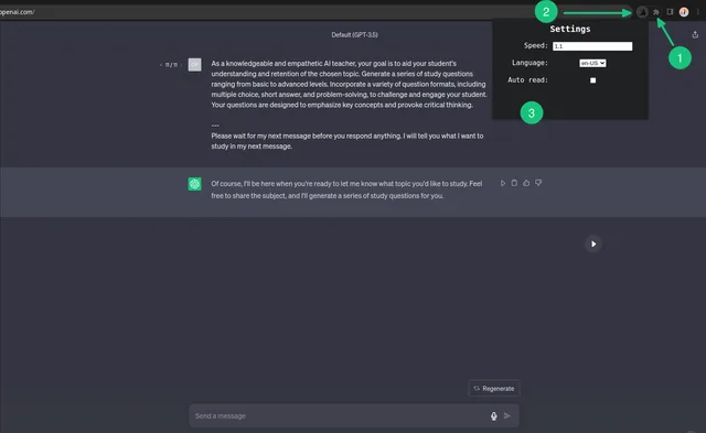 Fenêtre de réglages de l’extension ouverte sur ChatGPT : vitesse, langue et lecture automatique