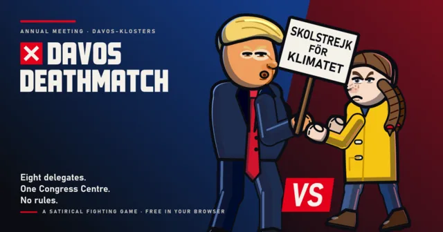 Illustration : caricatures de Donald Trump et Greta Thunberg face à face, elle tient une pancarte Skolstrejk för klimatet, logo Davos Deathmatch avec une croix suisse renversée