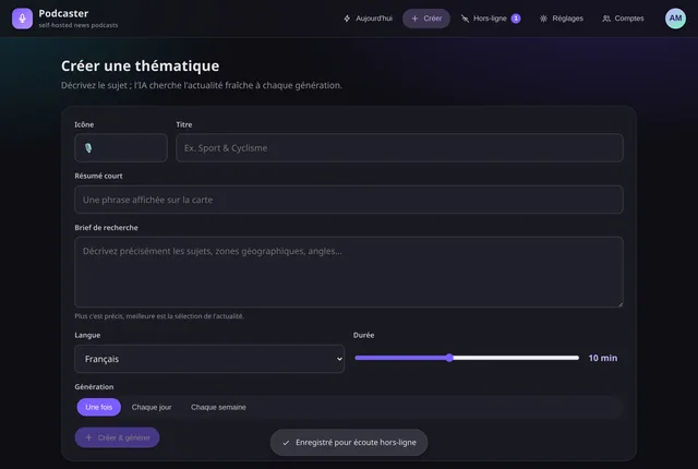 Formulaire de création d’une thématique : icône, titre, résumé, brief de recherche, langue, durée et fréquence de génération