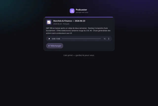 Page publique d’un épisode partagé avec résumé, lecteur audio et bouton de téléchargement