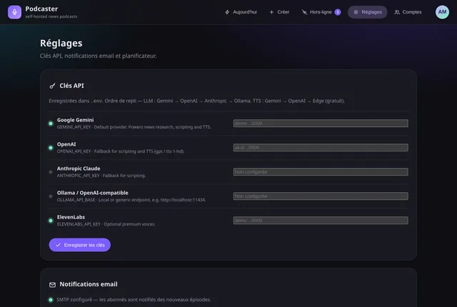 Réglages : clés API Gemini, OpenAI, Anthropic, Ollama et ElevenLabs avec l’ordre de repli, puis notifications e-mail