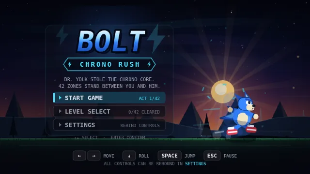 Écran titre de BOLT Chrono Rush : menu Start Game, Level Select et Settings à gauche, le hérisson bleu BOLT qui court devant un soleil levant à droite, rappel des touches en bas