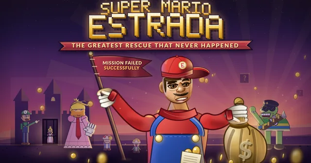 Illustration : Mario Estrada, casquette rouge marquée d’un E, tient un sac d’argent et un drapeau Mission failed successfully ; derrière lui, la Princesse Impeach, Bowsonaro, un frère en vert et des Toads devant un château