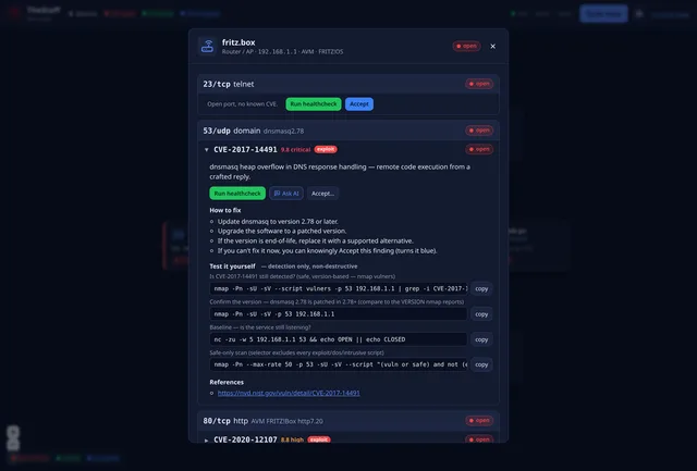 Fiche d’un routeur : ports ouverts, CVE critique avec score CVSS, pistes de correction et commandes de test à copier