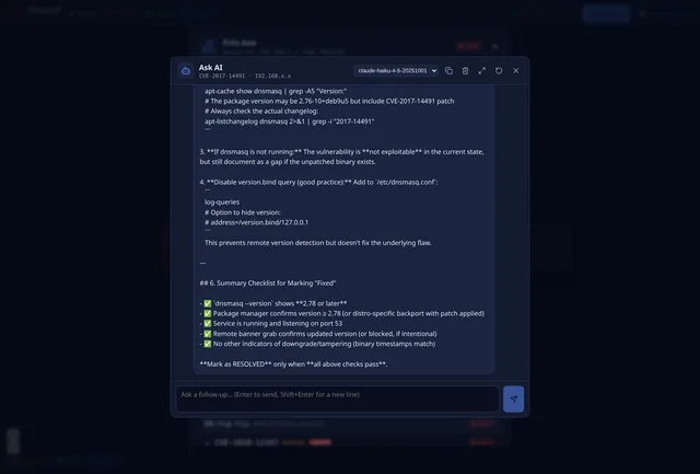 Fenêtre « Ask AI » expliquant comment vérifier la correction d’une faille dnsmasq