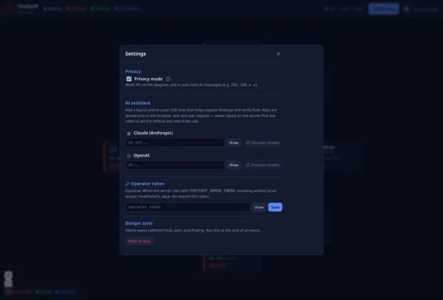 Réglages : mode confidentialité, clés Claude et OpenAI, jeton opérateur et effacement des données