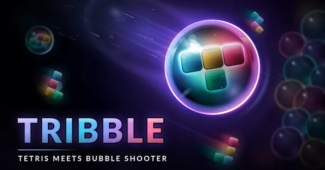 Illustration : une bulle de verre contenant un tétromino en T de quatre couleurs file vers un mur de bulles, titre Tribble et sous-titre Tetris meets bubble shooter